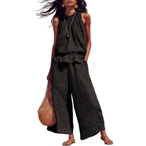 image:imageTanming Womens Linen 2 Piece Outfits Sleeveless Ruffle Top Wide Leg Pants Summer Loungewear Beach Travel SetsBlack