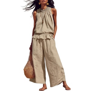 image:imageTanming Womens Linen 2 Piece Outfits Sleeveless Ruffle Top Wide Leg Pants Summer Loungewear Beach Travel SetsKhaki