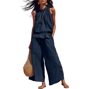 image:imageTanming Womens Linen 2 Piece Outfits Sleeveless Ruffle Top Wide Leg Pants Summer Loungewear Beach Travel SetsNavy