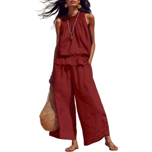 image:imageTanming Womens Linen 2 Piece Outfits Sleeveless Ruffle Top Wide Leg Pants Summer Loungewear Beach Travel SetsRed