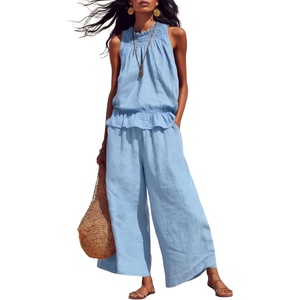 image:imageTanming Womens Linen 2 Piece Outfits Sleeveless Ruffle Top Wide Leg Pants Summer Loungewear Beach Travel SetsSky Blue