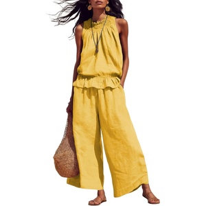image:imageTanming Womens Linen 2 Piece Outfits Sleeveless Ruffle Top Wide Leg Pants Summer Loungewear Beach Travel SetsYellow