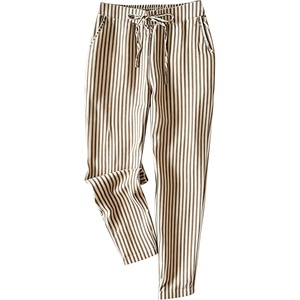 image:imageTanming Womens Striped Pants Summer Casual High Waisted Drawstring Beach Pant Tapered Trousers with PocketsBrown