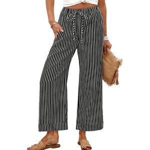 image:imageTanming Womens Wide Leg Pants Elastic Waist Striped Palazzo Pants with Pockets Casual Lounge TrousersBlack