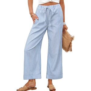 image:imageTanming Womens Wide Leg Pants Elastic Waist Striped Palazzo Pants with Pockets Casual Lounge TrousersBlue