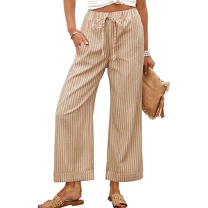 image:imageTanming Womens Wide Leg Pants Elastic Waist Striped Palazzo Pants with Pockets Casual Lounge TrousersBrown