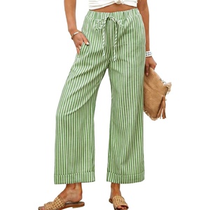 image:imageTanming Womens Wide Leg Pants Elastic Waist Striped Palazzo Pants with Pockets Casual Lounge TrousersGreen