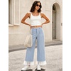 image:imageTanming Womens Casual Striped Lace Hem Wide Leg Palazzo Pants  Elastic Waistband Lace Hem Detailed Striped Boho Styles Breathable SkinFriendly Fabric Side Pockets Vacation DailywearBlue