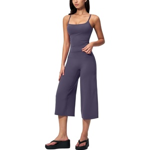 image:imageTanming Two Piece Sets for Women Gym Yoga Pilates Outfits  Sleeveless Halter Top Mid Elastic Waist Capri Pants Breathable Material Airport Travel Beach Vacation Lounge SetPurple