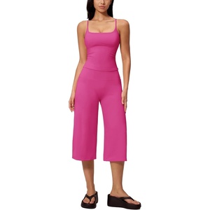 image:imageTanming Two Piece Sets for Women Gym Yoga Pilates Outfits  Sleeveless Halter Top Mid Elastic Waist Capri Pants Breathable Material Airport Travel Beach Vacation Lounge SetRose Red