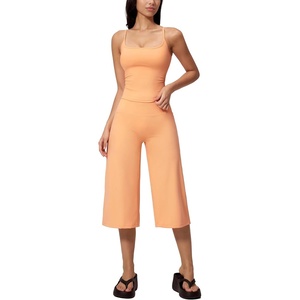 image:imageTanming Two Piece Sets for Women Gym Yoga Pilates Outfits  Sleeveless Halter Top Mid Elastic Waist Capri Pants Breathable Material Airport Travel Beach Vacation Lounge SetOrange