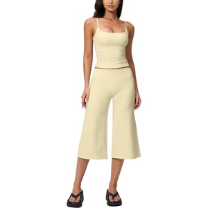 image:imageTanming Two Piece Sets for Women Gym Yoga Pilates Outfits  Sleeveless Halter Top Mid Elastic Waist Capri Pants Breathable Material Airport Travel Beach Vacation Lounge SetLight Yellow
