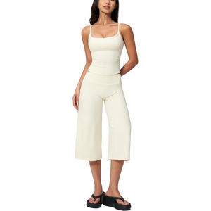image:imageTanming Two Piece Sets for Women Gym Yoga Pilates Outfits  Sleeveless Halter Top Mid Elastic Waist Capri Pants Breathable Material Airport Travel Beach Vacation Lounge SetWhite