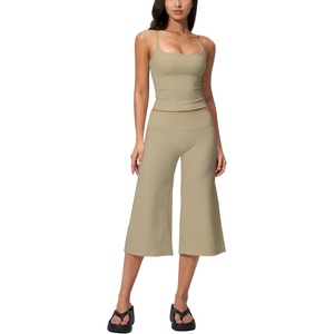 image:imageTanming Two Piece Sets for Women Gym Yoga Pilates Outfits  Sleeveless Halter Top Mid Elastic Waist Capri Pants Breathable Material Airport Travel Beach Vacation Lounge SetKhaki