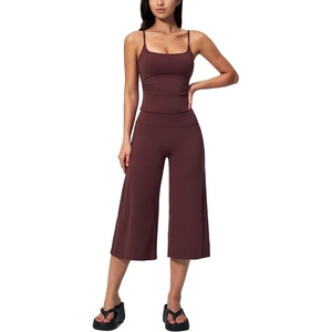 image:imageTanming Two Piece Sets for Women Gym Yoga Pilates Outfits  Sleeveless Halter Top Mid Elastic Waist Capri Pants Breathable Material Airport Travel Beach Vacation Lounge SetCoffee