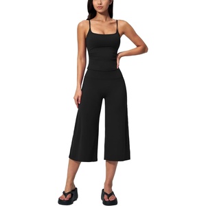 image:imageTanming Two Piece Sets for Women Gym Yoga Pilates Outfits  Sleeveless Halter Top Mid Elastic Waist Capri Pants Breathable Material Airport Travel Beach Vacation Lounge SetBlack