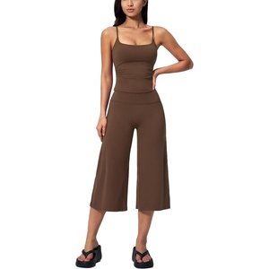 image:imageTanming Two Piece Sets for Women Gym Yoga Pilates Outfits  Sleeveless Halter Top Mid Elastic Waist Capri Pants Breathable Material Airport Travel Beach Vacation Lounge SetBrown