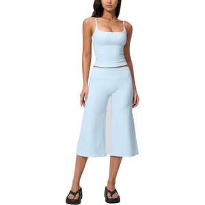 image:imageTanming Two Piece Sets for Women Gym Yoga Pilates Outfits  Sleeveless Halter Top Mid Elastic Waist Capri Pants Breathable Material Airport Travel Beach Vacation Lounge SetLight Blue