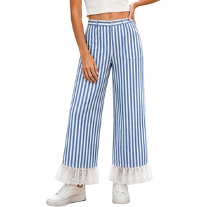 image:imageTanming Womens Casual Striped Lace Hem Wide Leg Palazzo Pants  Elastic Waistband Lace Hem Detailed Striped Boho Styles Breathable SkinFriendly Fabric Side Pockets Vacation DailywearBlue