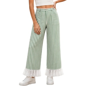 image:imageTanming Womens Casual Striped Lace Hem Wide Leg Palazzo Pants  Elastic Waistband Lace Hem Detailed Striped Boho Styles Breathable SkinFriendly Fabric Side Pockets Vacation DailywearGreen