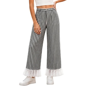 image:imageTanming Womens Casual Striped Lace Hem Wide Leg Palazzo Pants  Elastic Waistband Lace Hem Detailed Striped Boho Styles Breathable SkinFriendly Fabric Side Pockets Vacation DailywearBlack