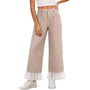 image:imageTanming Womens Casual Striped Lace Hem Wide Leg Palazzo Pants  Elastic Waistband Lace Hem Detailed Striped Boho Styles Breathable SkinFriendly Fabric Side Pockets Vacation DailywearBrown