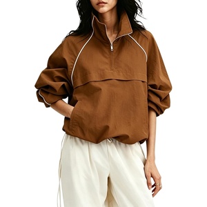 image:imageTanmimg Womens Casual Quarter Zip Pullover Windbreaker Jacket  Hand Pockets Stand Collar Adjustable Drawstring Loose Fit WindResistant Lightweight amp PackableBrown