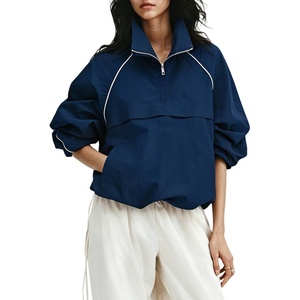 image:imageTanmimg Womens Casual Quarter Zip Pullover Windbreaker Jacket  Hand Pockets Stand Collar Adjustable Drawstring Loose Fit WindResistant Lightweight amp PackableNavy