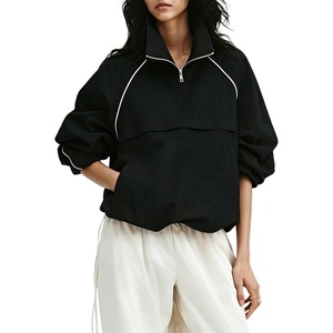 image:imageTanmimg Womens Casual Quarter Zip Pullover Windbreaker Jacket  Hand Pockets Stand Collar Adjustable Drawstring Loose Fit WindResistant Lightweight amp PackableBlack