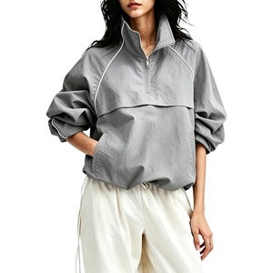 image:imageTanmimg Womens Casual Quarter Zip Pullover Windbreaker Jacket  Hand Pockets Stand Collar Adjustable Drawstring Loose Fit WindResistant Lightweight amp PackableGrey
