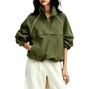 image:imageTanmimg Womens Casual Quarter Zip Pullover Windbreaker Jacket  Hand Pockets Stand Collar Adjustable Drawstring Loose Fit WindResistant Lightweight amp PackableGreen