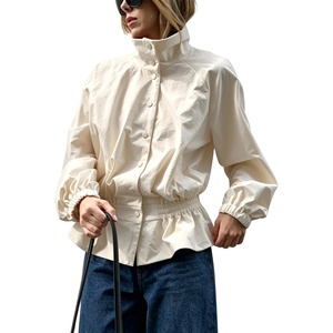 image:imageTanming Womens Casual FunnelNeck Lightweight Jackets  Button Down Elastic Waist Loose Fit Peplum Hem Ease Packable WindResistantBeige