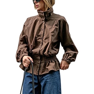 image:imageTanming Womens Casual FunnelNeck Lightweight Jackets  Button Down Elastic Waist Loose Fit Peplum Hem Ease Packable WindResistantBrown