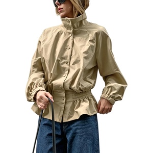 image:imageTanming Womens Casual FunnelNeck Lightweight Jackets  Button Down Elastic Waist Loose Fit Peplum Hem Ease Packable WindResistantKhaki