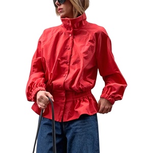 image:imageTanming Womens Casual FunnelNeck Lightweight Jackets  Button Down Elastic Waist Loose Fit Peplum Hem Ease Packable WindResistantRed