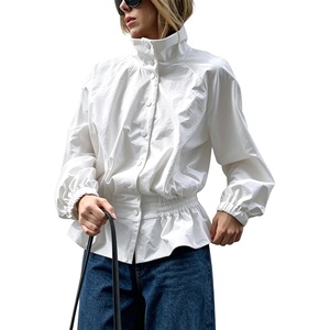 image:imageTanming Womens Casual FunnelNeck Lightweight Jackets  Button Down Elastic Waist Loose Fit Peplum Hem Ease Packable WindResistantWhite