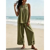 image:imageTanming Womens Casual Cutout Tank Tops Palazzo Pants Set  Matching 2 Piece Set Sleeveless Tank Top Breathable Fabric Machine Washable Women Sets Trendy for Vacation DailywearArmygreen