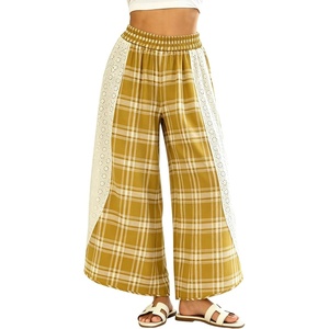 image:imageTanming Womens Casual Plaid Checkered Lace Trim Palazzo PantsYellow