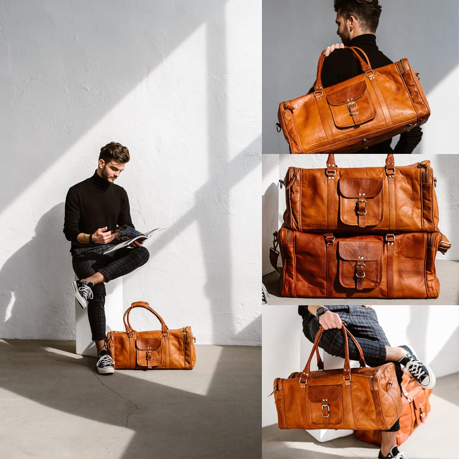Berliner Bags Vintage Leather Duffle Bag New York for Travel or the Gym, Overnight Bag for Men and Women 