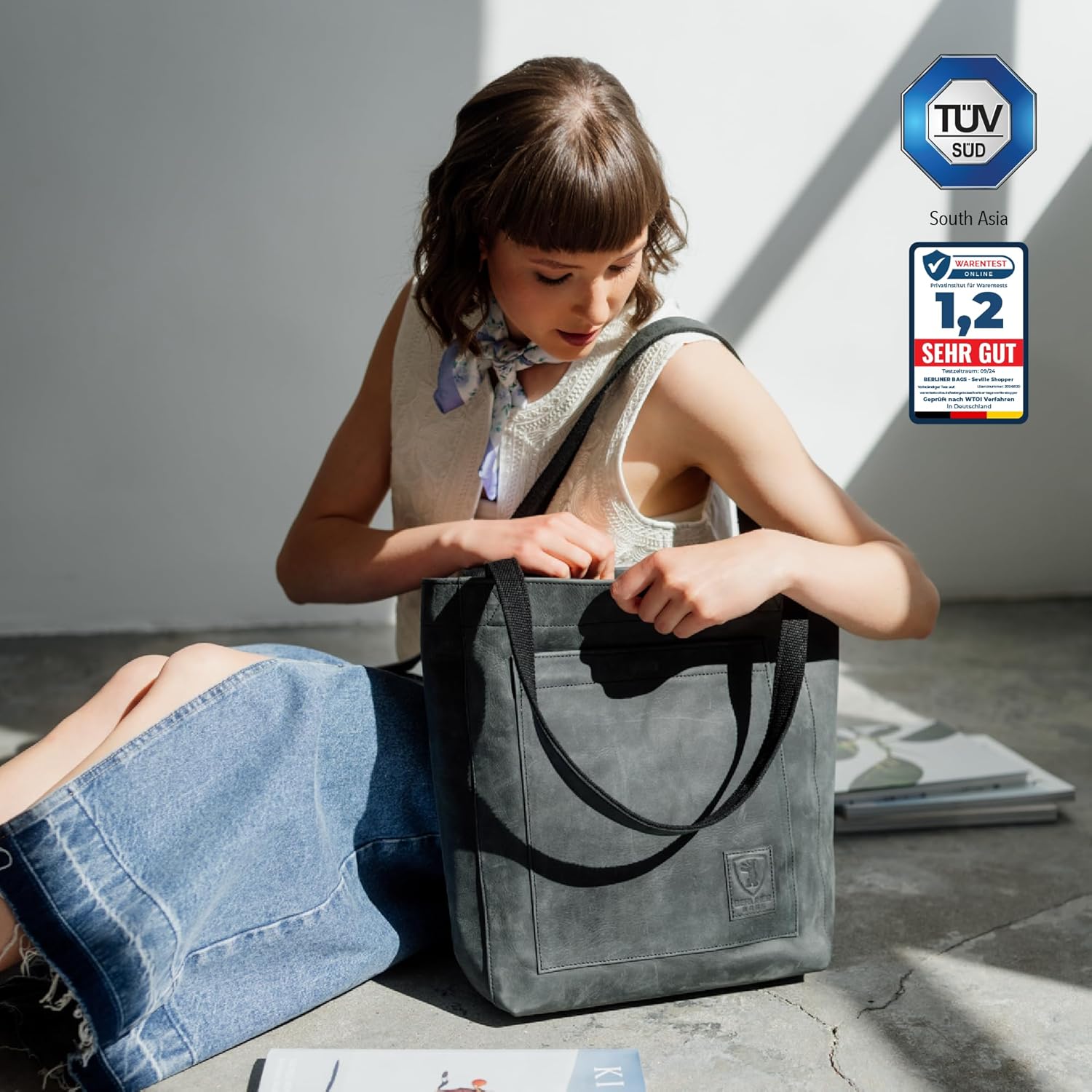 imageBERLINER BAGS Vintage Leather Tote Bag Seville Large Shopper for WomenDark Grey