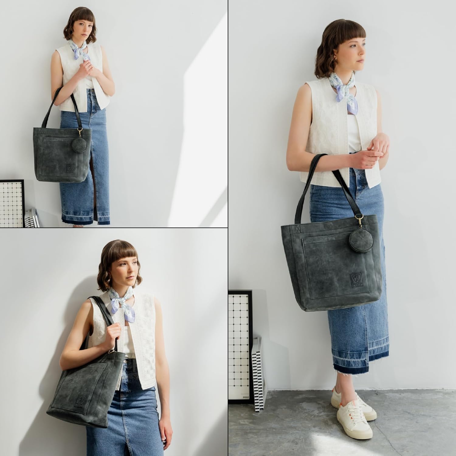imageBERLINER BAGS Vintage Leather Tote Bag Seville Large Shopper for WomenDark Grey