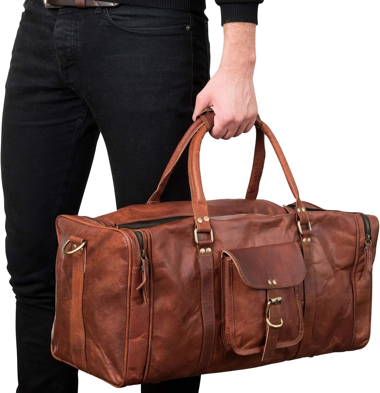 imageBerliner Bags Vintage Leather Duffle Bag New York for Travel or the Gym Overnight Bag for Men and Women Brown LBrown L