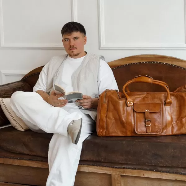 imageBerliner Bags Vintage Leather Duffle Bag New York for Travel or the Gym Overnight Bag for Men and Women Brown LBrown XXL