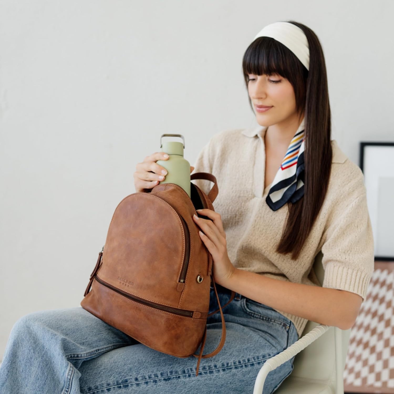 imageBERLINER BAGS Vintage Leather Backpack Florence Small Backpack Purse for Women for Work University Travel  Brown