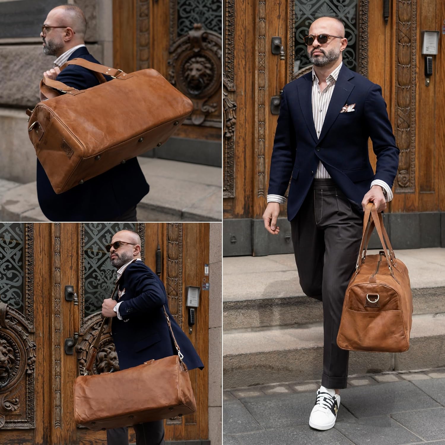 imageBerliner Bags Vintage Leather Duffle Bag Oslo with Shoe Compartment for Travel or the Gym Overnight Bag for Men and Women  BrownCognac