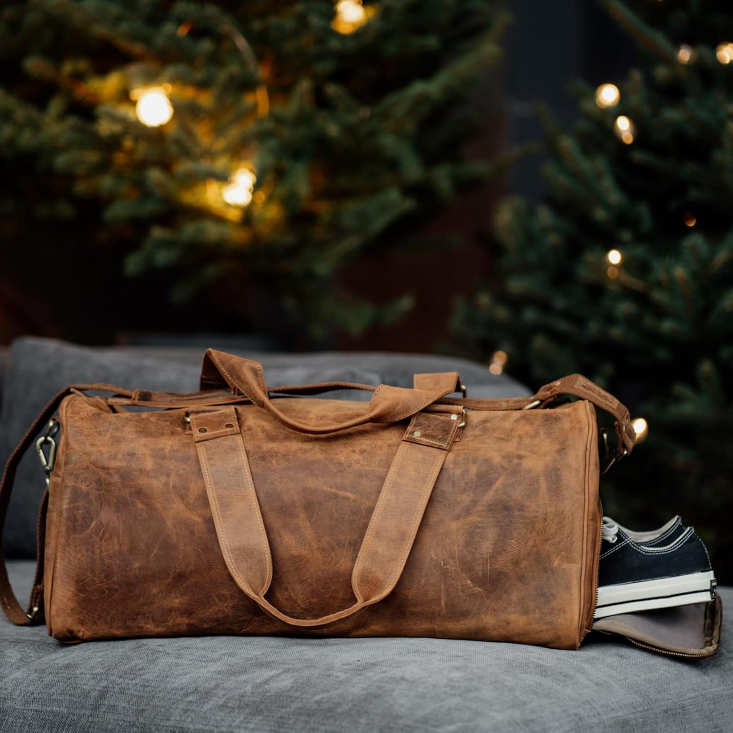 imageBerliner Bags Vintage Leather Duffle Bag Oslo with Shoe Compartment for Travel or the Gym Overnight Bag for Men and Women  BrownHunter Brown