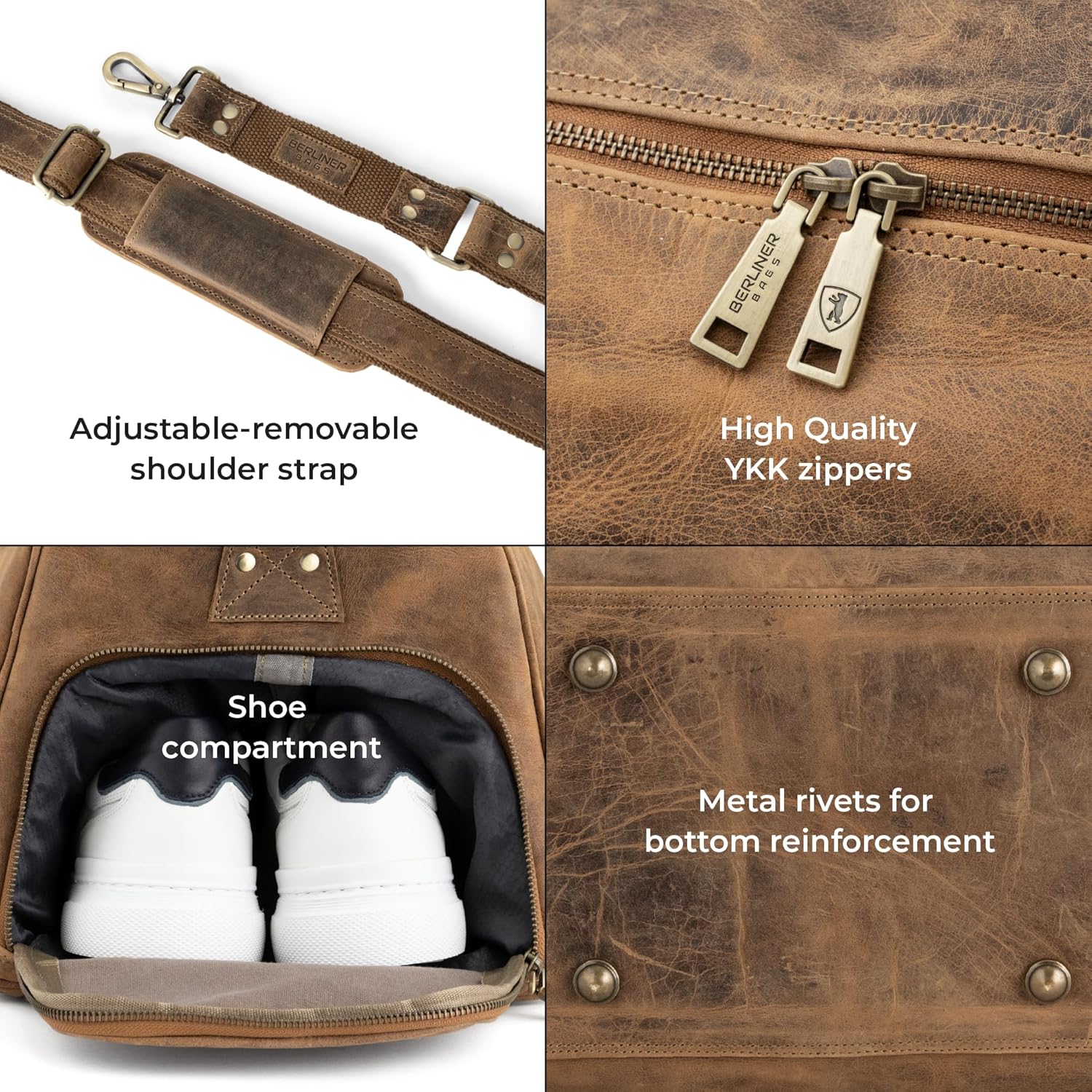 imageBerliner Bags Vintage Leather Duffle Bag Oslo with Shoe Compartment for Travel or the Gym Overnight Bag for Men and Women  BrownHunter Brown