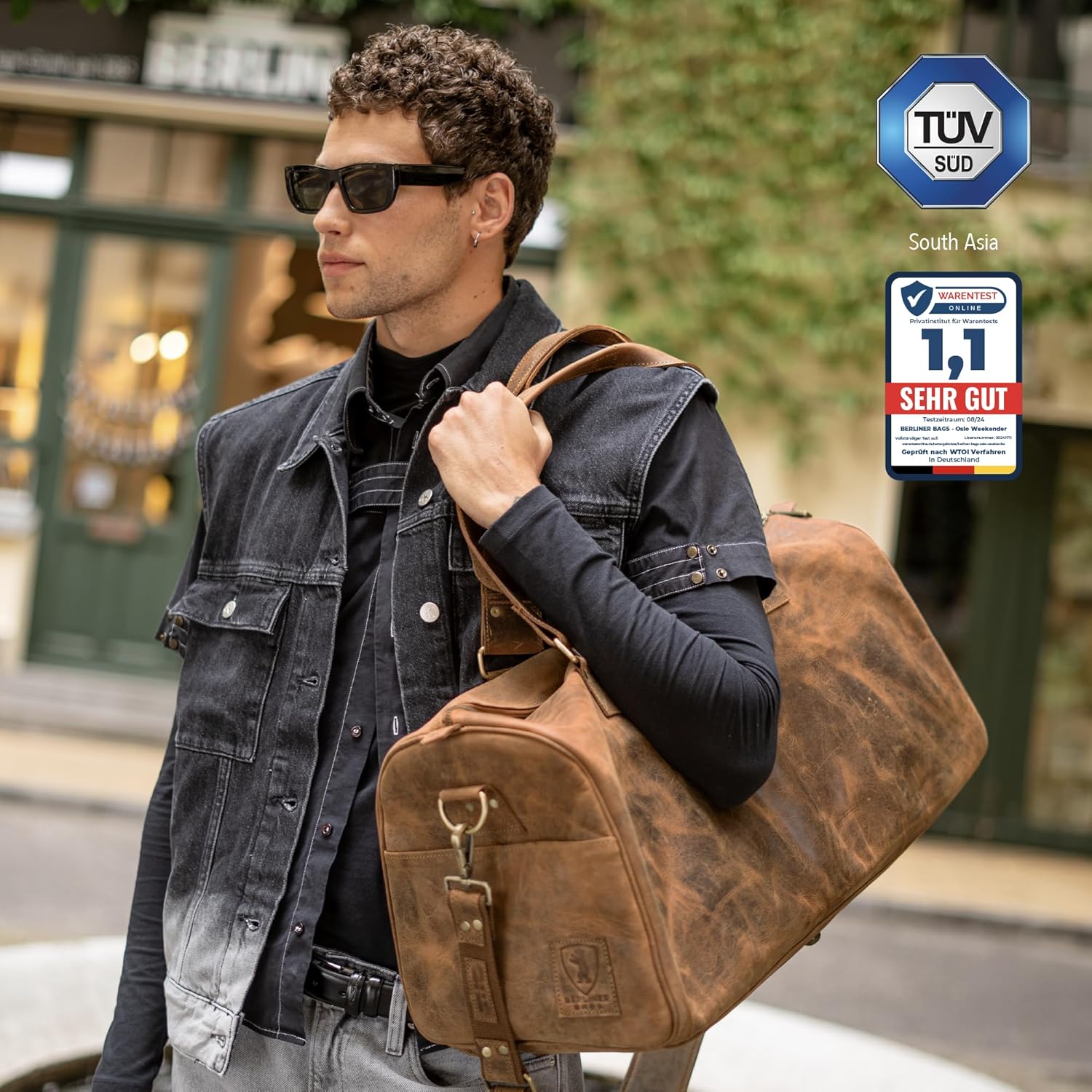 imageBerliner Bags Vintage Leather Duffle Bag Oslo with Shoe Compartment for Travel or the Gym Overnight Bag for Men and Women  BrownHunter Brown