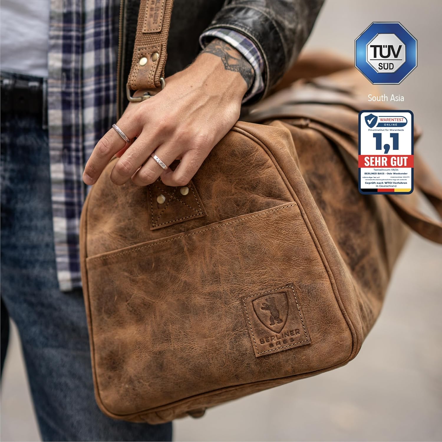 imageBerliner Bags Vintage Leather Duffle Bag Oslo with Shoe Compartment for Travel or the Gym Overnight Bag for Men and Women  BrownWalnut