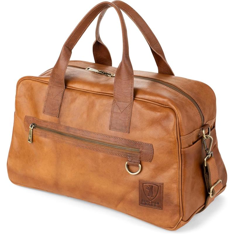 imageBerliner Bags Vintage Leather Duffle Bag Austin XL with Shoe Compartment for Travel or the Gym Overnight Bag for Men and Women  BrownBrown M